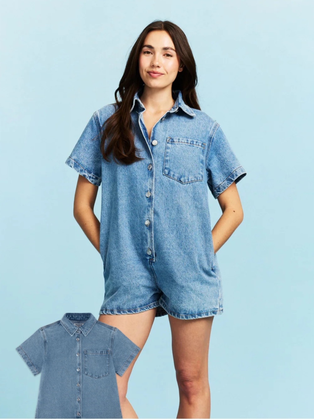 Parke Button-Front Short Sleeve Denim Romper Size Small Womens